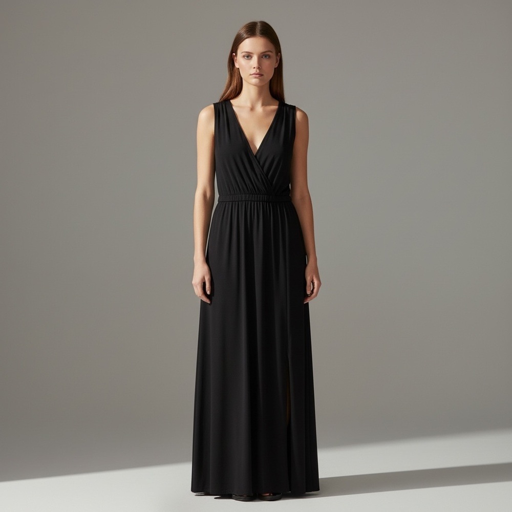 🌻Trina Turk Black Jersey Knit Open Back Maxi Dress with Front Hem Split Size 8